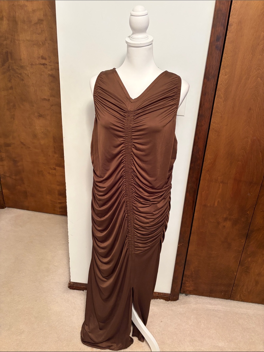 Eloquii Brown Ruched V-Neck Maxi Dress
